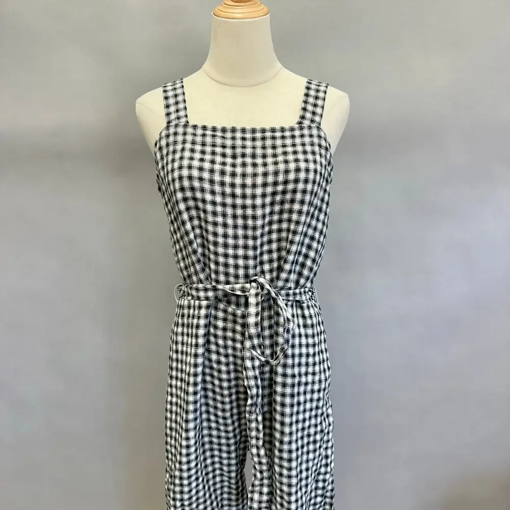 Quince European Linen Square Neck Jumpsuit in‎ Khaki/Black Gingham Medium NWT